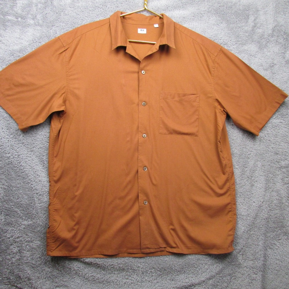 Uniqlo Shirt Mens Large Orange Solid Short Sleeve Button Front Casual Top‎